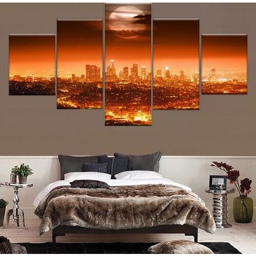 Canvas Painting Burning city under a moonlit night 5 Pieces Wall Art Painting Modular Wallpapers Poster Print Home Decor
