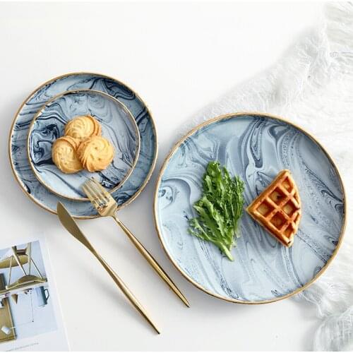 Creative Marbled Ceramic Plates Fruit Tray Cake Dishs Steak Plate Dinnerware Breakfast Plate Round Dish tableware Home Kitchen