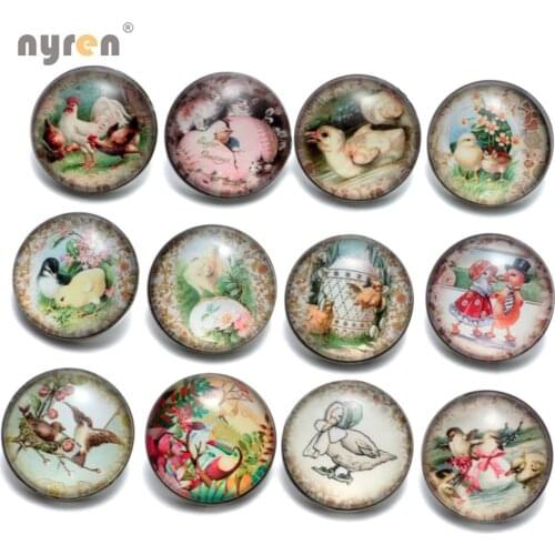 KZ0383 Fashion 12pcs/lot Vintage Buttons Cartoon Animal Series Interchangeable Glass Snap Buttons Fit DIY 18mm Snaps Jewelry