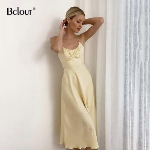 Bclout Summer Elegant Slim Spaghetti Strap Dress Women Yellow Pleated Midi Sexy Lace-Up Backless A Line Satin Party Night Dress