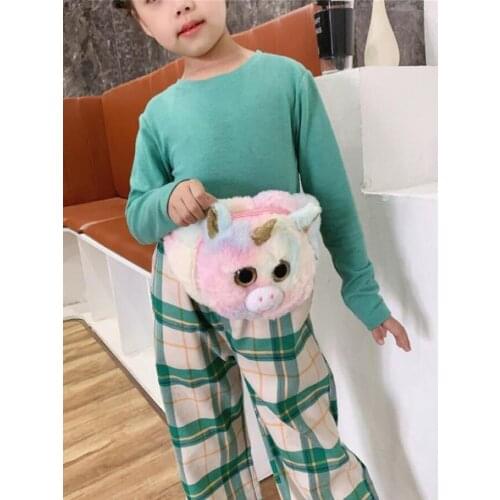 Fashion Kids Unicorn Plush Coin Purse Real Fox Fur Slides Fluffy Furry Raccoon Home Slippers Child Flat Rainbow Fur Flip Flops