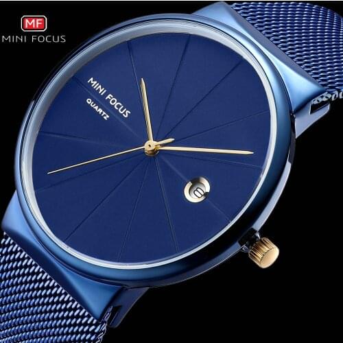 MINIFOCUS Fashion Mens Watches 2020 Top Brand Luxury Dress Quartz Watch Men Ultra Thin Blue Mesh Strap Auto Date Display Clock