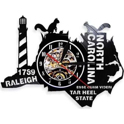Raleigh Wall Clock North Carolina Skyline NC State Wall Light United States Vinyl Record Wall Art Handmade Gift