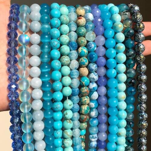 Natural Round Beads Blue Agates Jades Turquoises Rondelle Crystal Loose Stone Beads for Jewelry Making Bulk DIY Bracelet 15