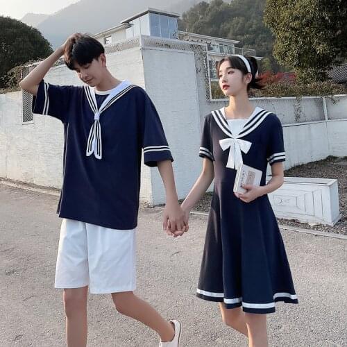 Japanese couples spring and autumn new college wind dress short sleeves T-shirt class clothes couples clothes couples clothing