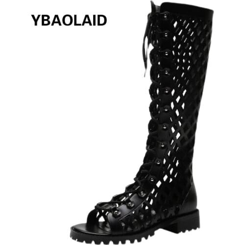 The New Leather Cross Strap Mesh Hollow Flat Heel Sandal Boots Solid Color Round Head Rivet Back Zipper Roman High Net Boots