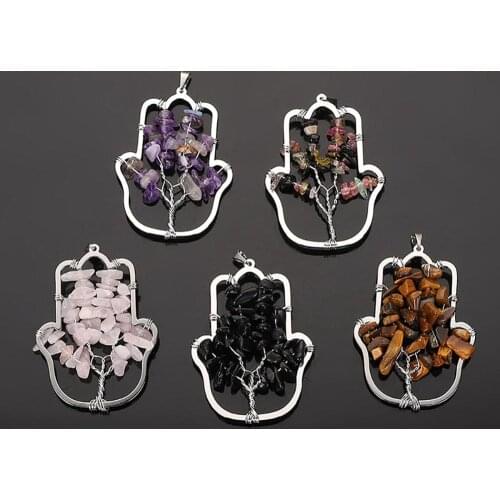 Chip Stone Palm Design Pendant Charm with Copper Wire Wrapped Necklace Natural Quartz Jewelry