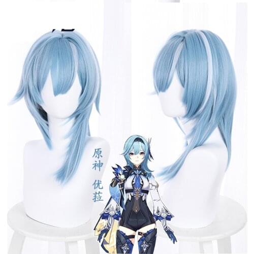 Anime Game Genshin Impact Eula Cosplay Wig Women 38cm Blue Heat Resistant Synthetic Hair Wigs Halloween Carnival Role Play