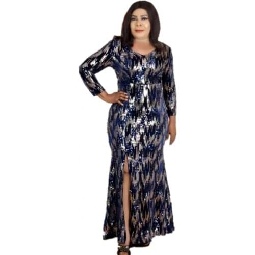 Sequins African Dress Women High Split Full Sleeve V Neck Robes 2021 Fashion New Elegant Long African Traditional Party Dresses