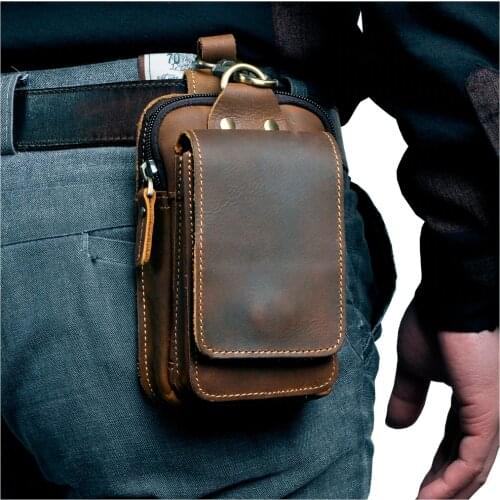 Real Leather men Casual Design Small Waist Bag Cowhide Fashion Hook Bum Bag Waist Belt Pack Cigarette Case 5.5" Phone Pouch 1609