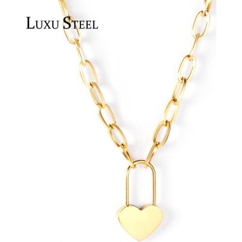 LUXUSTEEL Heart Lock Pendant Neckklaces 2021 New Trendy Style Gold Color Big Cuban Link Chains Necklace Women Accessories Party