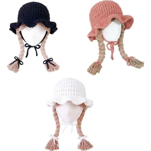 Handmade Knitted Baby Girls Wig Hat Infants Photography Props Headwear Newborn Wigs Brades Kids Crochet Cap with Plaits