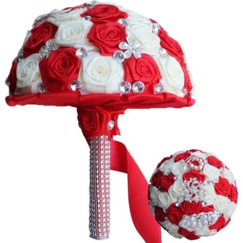 Red Ivory Wedding Bouquets Satin Ribbon Simulation Flower Pearls Rhinestones Crystal Bridal Sweet 15 Quinceanera Bouquets W126