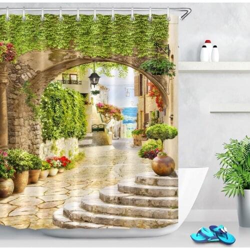 Street with Flowers And Homes Arch Stone Digital Scenic Shower Curtains Floral Pattern Bathroom Curtain Fabric for Bathtub Decor