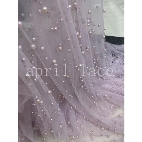 Stock 7yards A001 good quality nice dobby light purple pearls net mesh lace fabric for sawing evening dress/wedding
