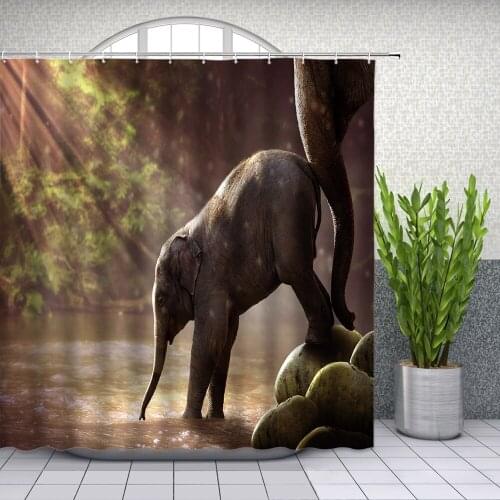 Elephant Summer sunlight river forest animal Shower Curtains Bathroom Decor Waterproof Polyester Cloth Curtain Set Cheap
