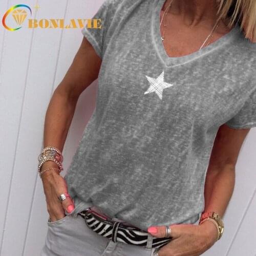 Women Summer T-shirt V-neck Short Sleeve Stars Printed Solid Color Large Size T-shirt Loose Type Cotton Loose Type Shirts 8XL