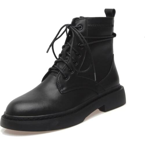 Martin Women Boots Cowhide Fabric Cross Straps 3CM Thick Heel Round Toe Womens Short Boots Autumn Winter Shoes