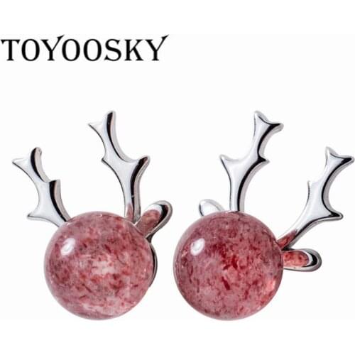 TOYOOSKY 925 Sterling Silver Sweet Cute Pink Deer Small Stud Earrings For Women Personality Strawberry Crystal Animal Present
