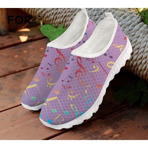 FORUDESIGNS Teen Girls Casual Sneakers Comfortable Air Mesh Shoes Music Note Pattern Flats Shoes Womens Loafers Daily Lazy Shoe