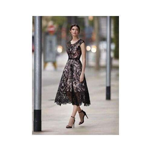Women Elegant Black Lace Dress 2020 Summer Short Sleeve Hollow Out Retro Party Dresses Casual Female A-Line Midi Dress Vestidos