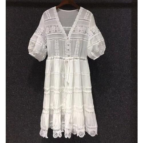 New 2021 Summer Hot Sale Dress High Quality Women V-Neck Crochet Lace Patchwork Puff Sleeve Large Swing Party Casual Gown Dress