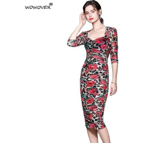 Summer Womens Square Collar Loepard Print Runway Bodycon Dress Party Sexy Sheath Midi Draped Mesh Robe Femme Vestidos De Festa