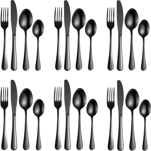 16/24pcs Black Dinnerware Stainless Steel Cutlery Set Fork Knife Spoon Kitchen Kits Mirror Polished Tableware Set Dinner Dishes