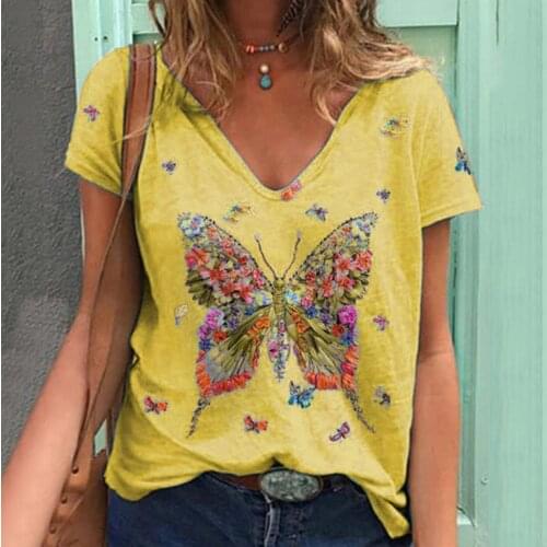 40# Harajuku Blouses Women Butterfly Print Loose-fitting Blouse Shirts Deep V Neck Casual Vintage Summer Leisure Blouse