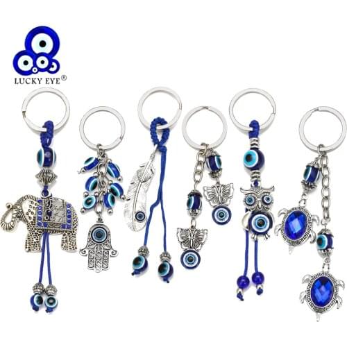 Lucky Eye Butterfly Elephant Owl Fatima Hand Evil Eye Pendant Keychain Keyring Silver Color Key Chain Holder for Women Men BE39