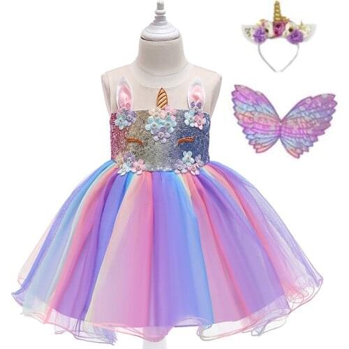 Girls Unicorn Princess Costume Dress Hair Band Wings Suit Kids Baby Birthday Party Flowers Rainbow Tutu Performance Dresses