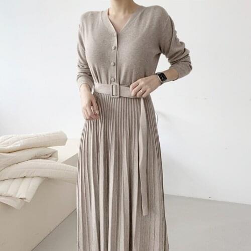 Elegant V-neck Pleated Women Sweater Dress Fall Winter 2021 Single-breasted Knitted Belted Bandage Dresses Female A-line Vestido