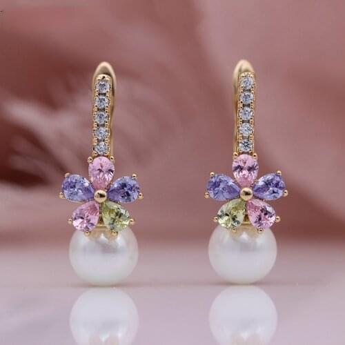 Exquisite Rose Gold Plated CZ Flower Crystal Earrings 2021 Bohemia Elegant Women Pearl Earring for Women Wedding Party Jewelry