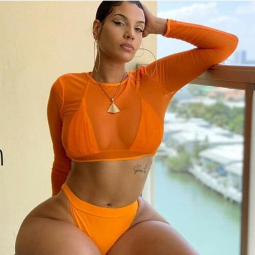 Summer Women Sexy 3PCS Bikini Set Mesh Long Sleeve Cover Up High Cut Thong Beachwear Female Swimwear Swimsuit Bathing Suit