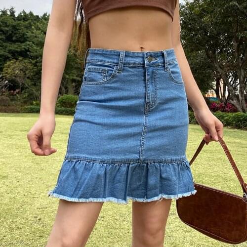 Summer Womens Casual Denim Skirt High Waist Blue Fashion Trend Fringed Ruffle Buttons Wrap Pleated Tight Short Skirt -40