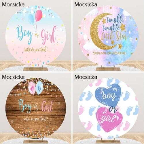 Mocsicka Boy or Girl Gender Reveal Party Backdrop Blue Pink Dots Balloon Background Boy or Girl Party Round Circle Cover Banner