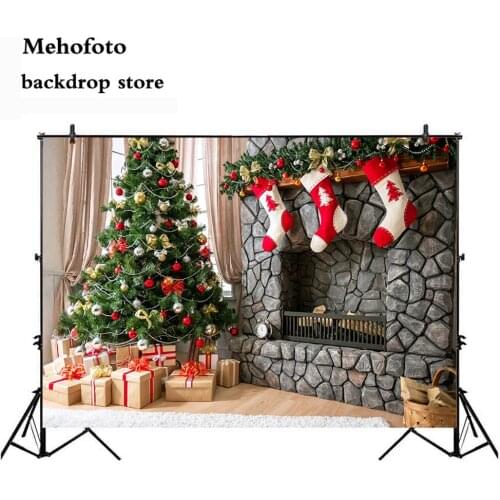 Mehofoto X'mas Trees Backdrops for Photography Fireplace Photo Background Studio New Year Backdrop Sock Props Vinyl Cloth 788
