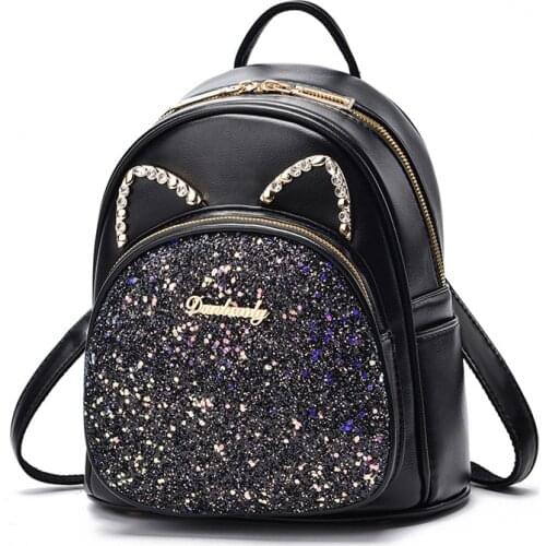 2021 Fashion Women Backpack PU Leather Schoolbag for Teenager Girls Female Sequins Cute Solid Small Backpack School Travel Pack
