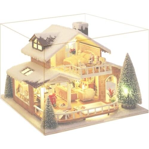DIY Dollhouse with Realistic Furniture Kit Battery Case Wooden Craft LED Light Snow Scene Christmas House Manor Dolls House Toy