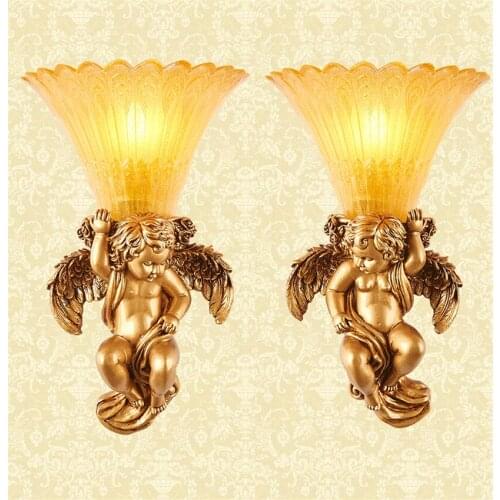 European Retro Resin Angel Wall Lamps Bedroom Bedside Lamps Children Angel Home Living Room Corridor Sconces Wall Lights Deco