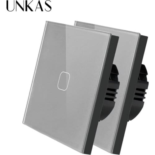 UNKAS EU 1/2 Gang 1 Way Wall Light Touch Screen Gray Switch 2 Pcs Pack Tempered Crystal Glass Panel 86MM*86MM