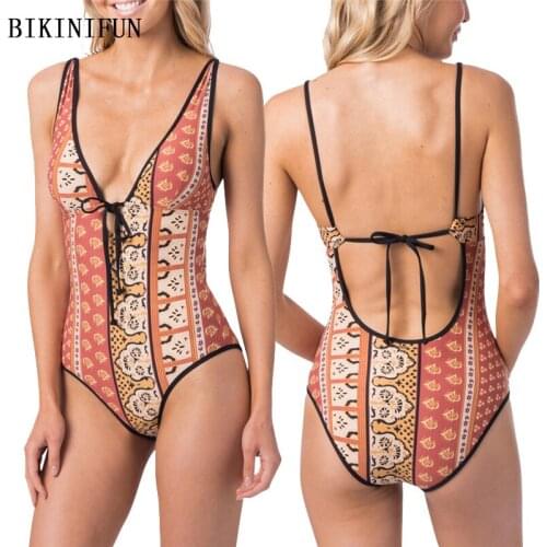 2020 New Sexy Floral Print Monokini Women V Plunge Swimwear Backless Swimsuit S-2XL Girl Plus Size Beachwear One Piece Suit