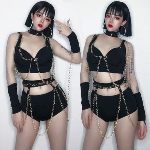 New Nightclub Dj Female Singer Bar Ds Performance Clothes Hip Hop Jazz Dance Clothes Sexy Black Metal Chain Bikini Suit DWY4067