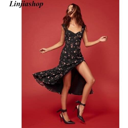 Elegant floral print dress women spring summer black sexy v neck holiday female clothes ladies chiffon lining midi dress