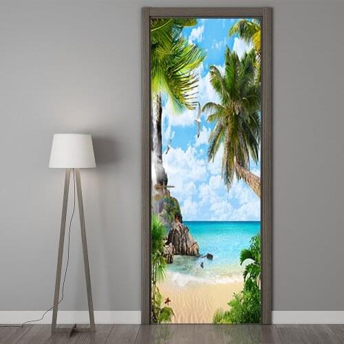 PVC Door Sticker 3D Beach Sea Landscape Photos Wallpaper Mural Decals Living Room Bedroom Self-Adhesive Door Decoration Poster