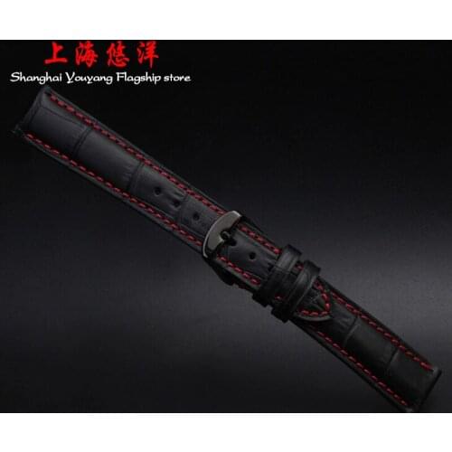 18mm 19mm 20mm 21mm 22mm 23mm 24mm New Black Genuine Leather Watchband Watch Band Strap Bracelet With Red thread