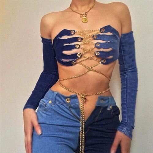 Backless Sexy Denim Tank Top Summer Women Hollow Crop Top Out Punk Style Slim Club Party Vest Tee Femme Streetwear Going Out Top