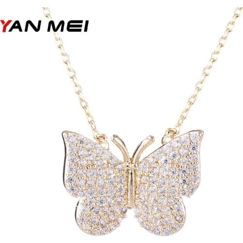 YANMEI CZ Green/Silver Butterfly Necklaces & Pendants For Women Crystal Link Chain Necklace Fashion Jewelry YMD1303