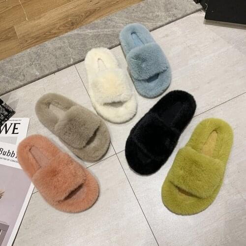 Plus Size Slippers Women 2021 Fashion Rabbit Fur Flat-bottomed Warm Slippers Autumn and Winter Home Furry Slippers Women LLP