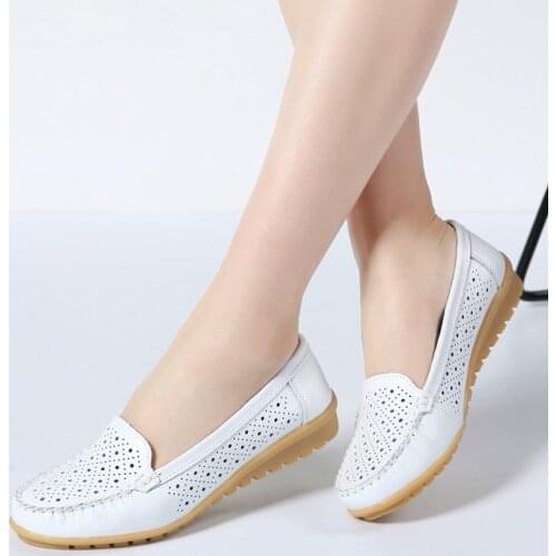 2020Spring Flats Shoes Women Genuine Leather Cutout Loafers Slip On Ballerines